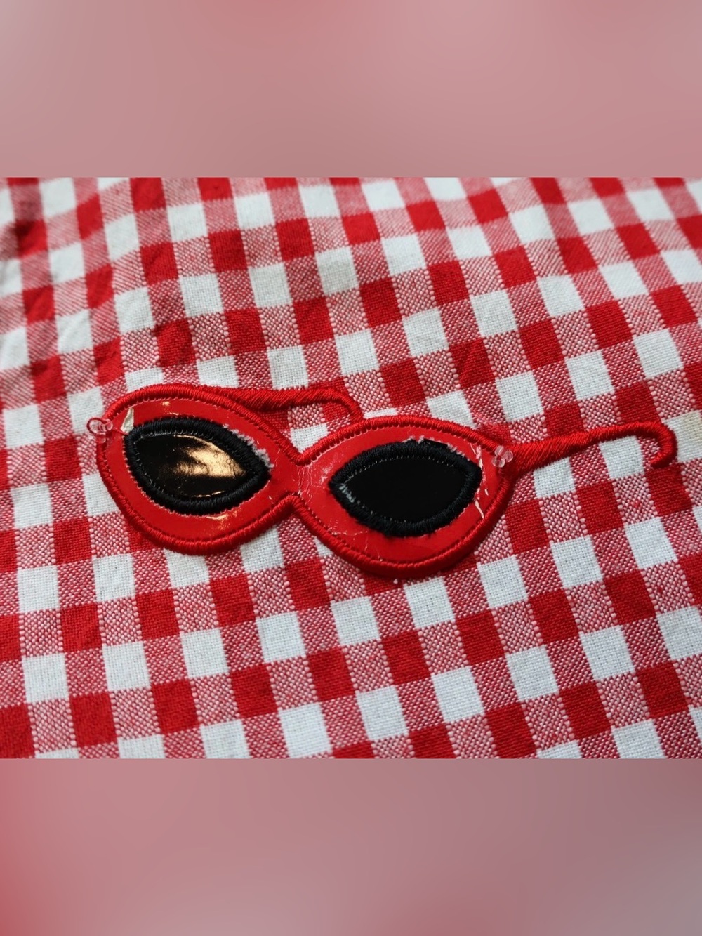 Red Gingham Picnic Novelty Applique Rockabilly Blouse Top Womens Large - Picture 9 of 16